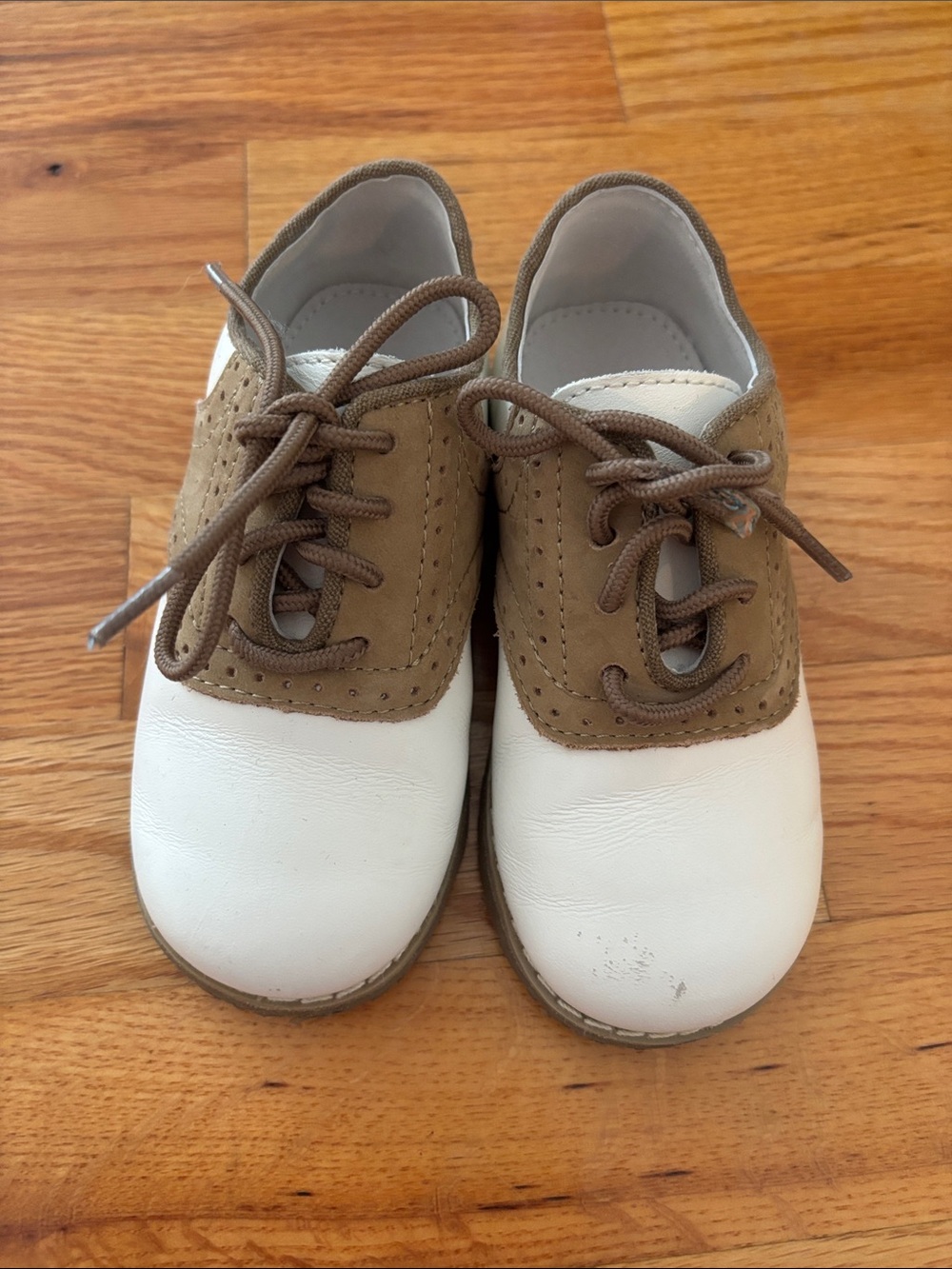 L’Amour Luke Toddler Kids Two-Tone White and Brown Leather Dress Saddle Shoes
